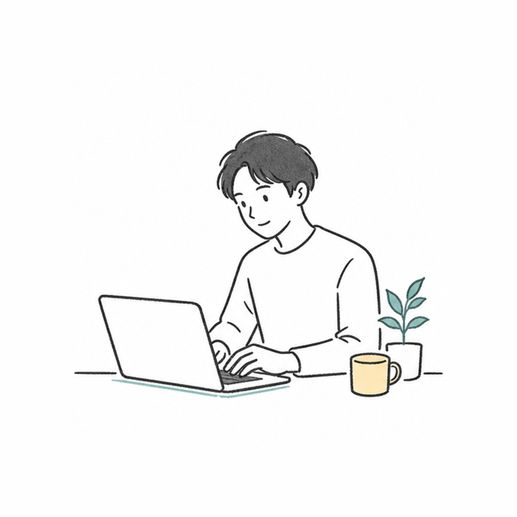 ノートパソコンで作業するshoのイラスト