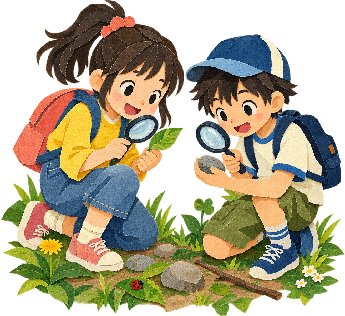 葉や石を虫眼鏡で観察する子どもたちの切り紙イラスト