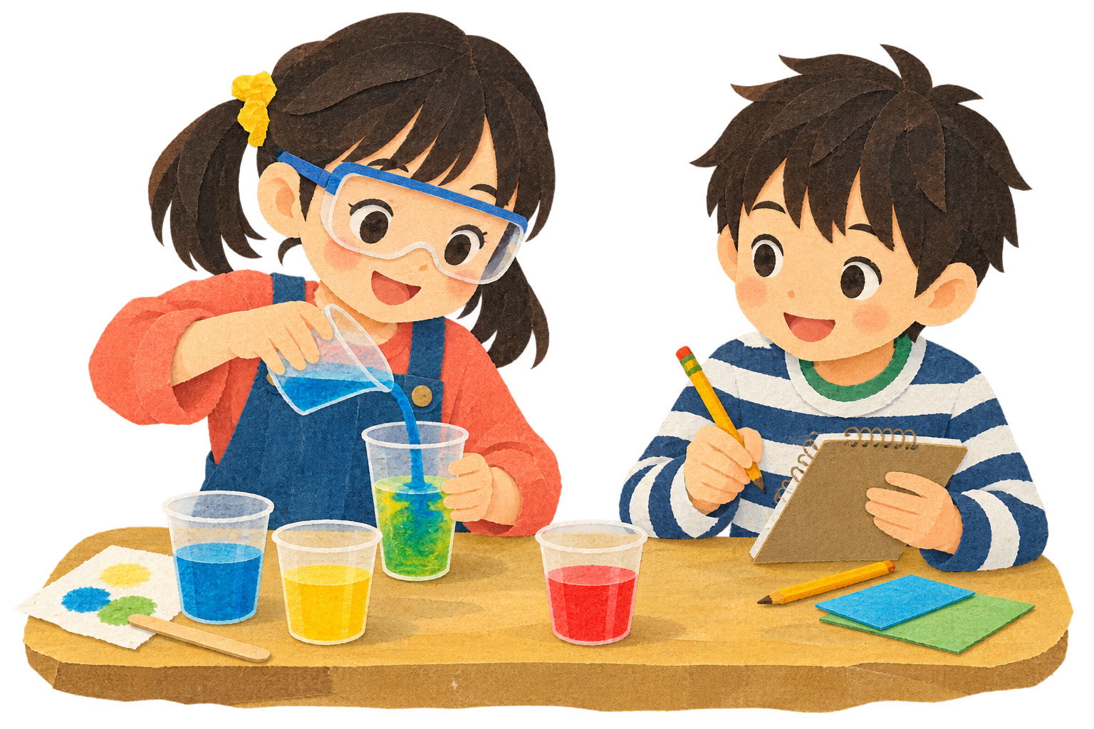 色水の実験と記録をする子どもたちの切り紙イラスト