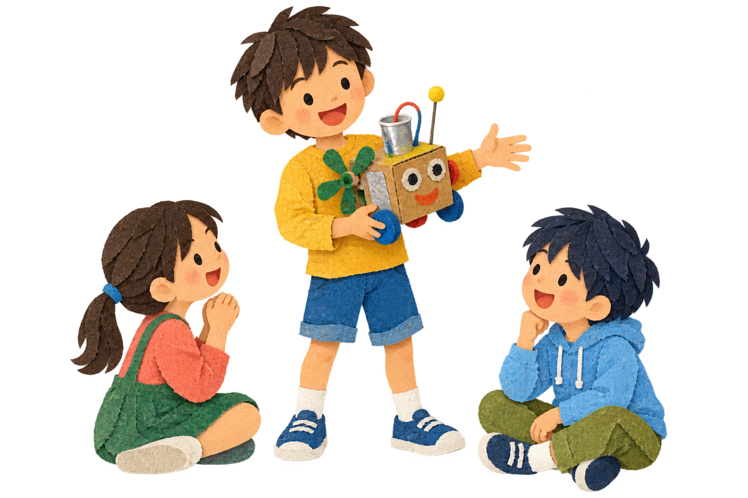 工作を友だちに発表する子どもたちの切り紙イラスト