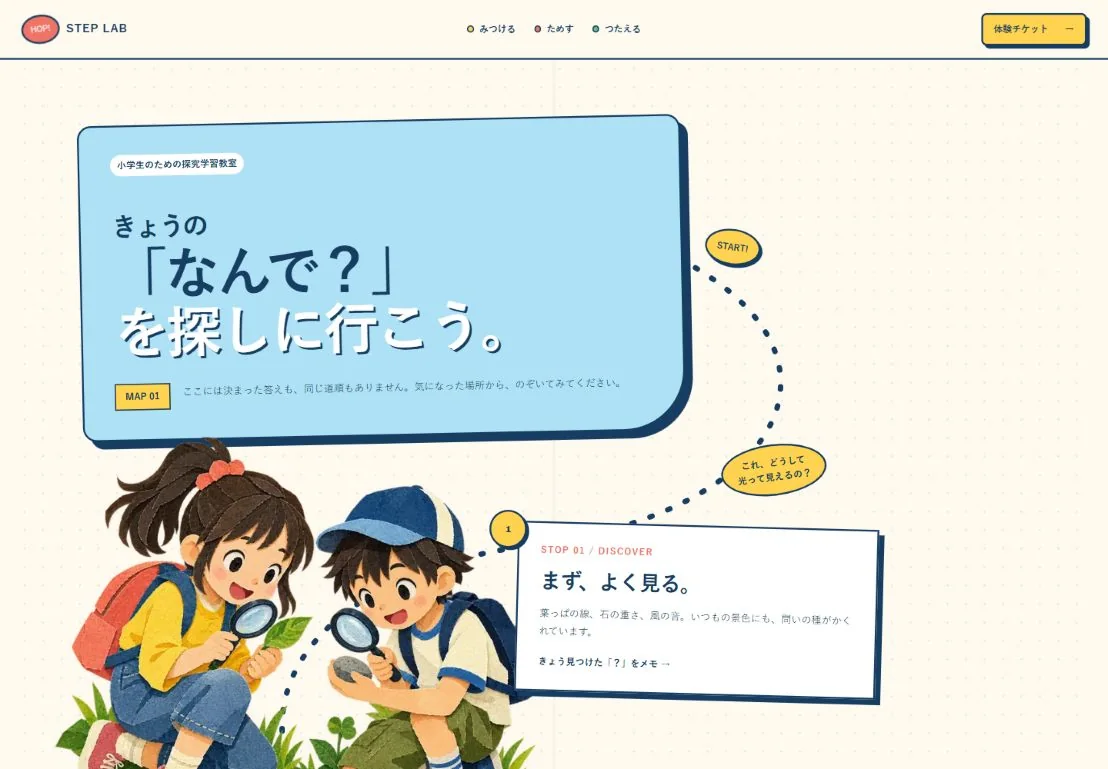 HOP STEP LABの画面。鮮やかな色の探究マップと、観察する子どもたちのイラスト。