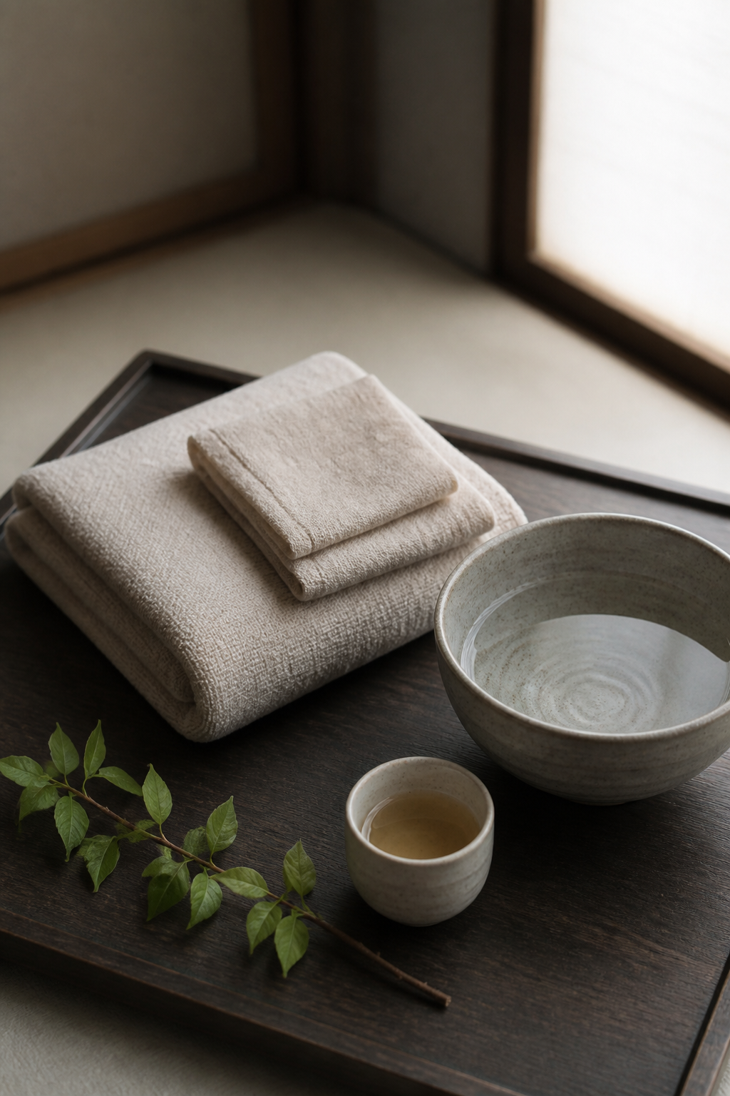 施術前に整えたリネンと陶器の器